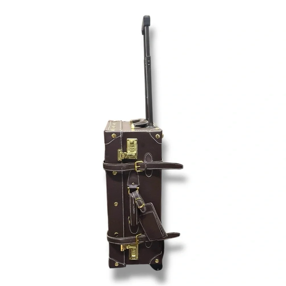 🧳 Vintage-Inspired‎ Faux Leather Trunk Suitcase w/ Wheels & Gold Hardware